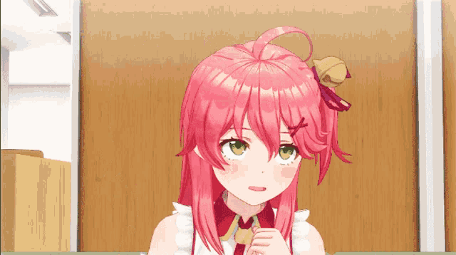 a 3d anime girl with pink hair and green eyes