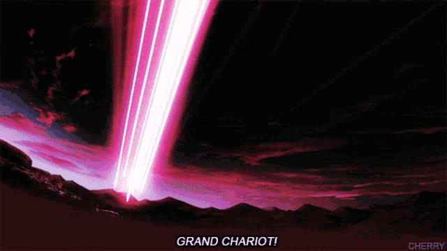 a picture of a pink light coming out of the sky with the words grand chariot below it