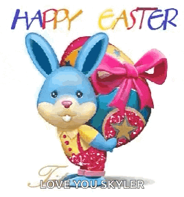 a blue bunny is holding a pink easter egg with a bow on it .