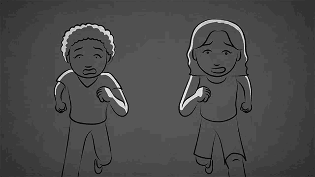 a black and white drawing of two people running