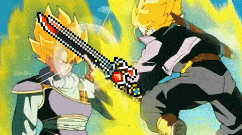 a pixel art drawing of a man holding a sword and another man holding a chainsaw