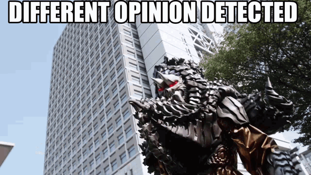 a statue in front of a tall building with the words different opinion detected