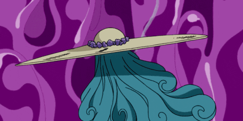 a woman with long blue hair is holding a sword and a large hat