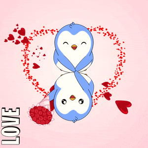 two penguins are in a heart surrounded by red hearts and the word love