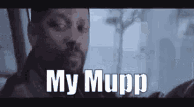 a man with a beard is looking at the camera with the words `` my mupp '' written on the screen .