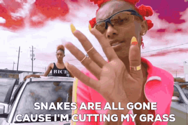 a woman wearing glasses and a pink shirt says snakes are all gone cause i 'm cutting my grass .