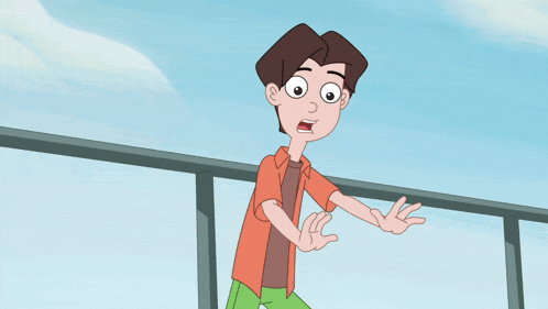a cartoon character is standing on a balcony waving his hand