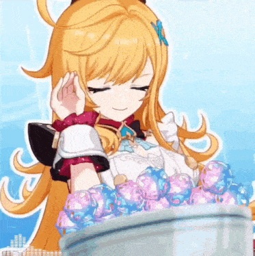 a girl with long blonde hair is standing in front of a bucket of candy balls .