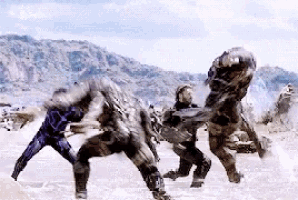 a group of soldiers are fighting in a snowy field .