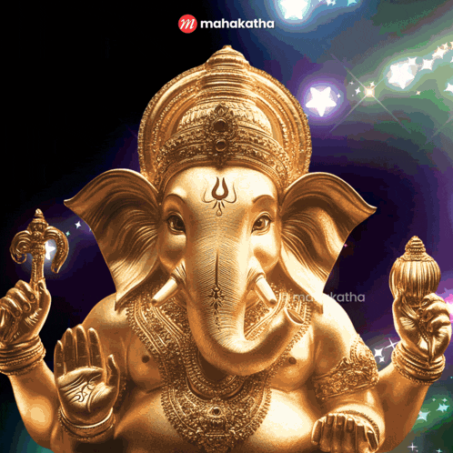 a statue of a golden elephant holding a conch and a crown with the word mahakatha on the bottom