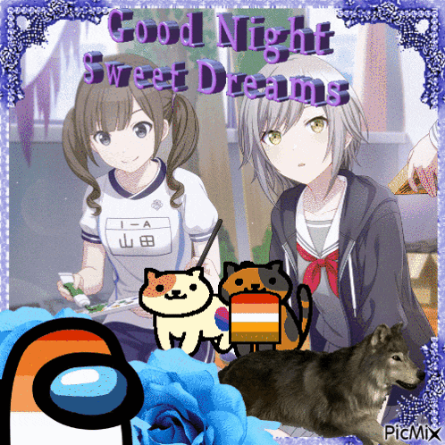 a good night sweet dreams greeting card with two anime girls
