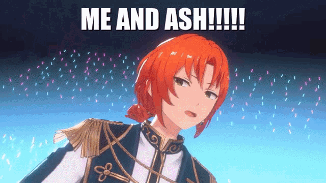 a cartoon character with red hair and the words me and ash !!!