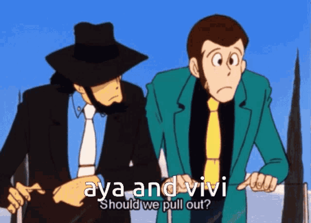 aya and vivi should we pull out written on a cartoon