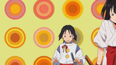two anime characters are standing next to each other and one has a sword