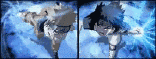 a couple of anime characters are standing next to each other in a blue background .