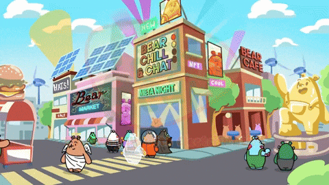 a cartoon drawing of a city with a bear chill chat