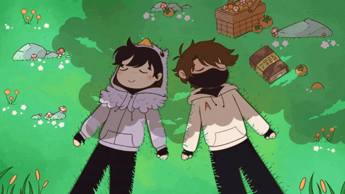 a cartoon drawing of two people laying in the grass with a book in the background that says ' a ' on it
