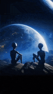 two aliens are sitting on a rock in front of the earth