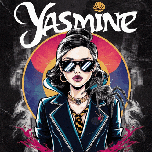 a poster for yasmine features a woman with sunglasses and a spider on her shoulder