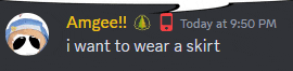 a screenshot of a discord conversation between amgee and someone who says i want to wear a skirt