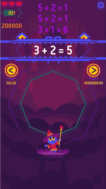 a purple screen shows a witch holding a wand and the numbers 5 + 2 = 1 and 3 + 2 = 5