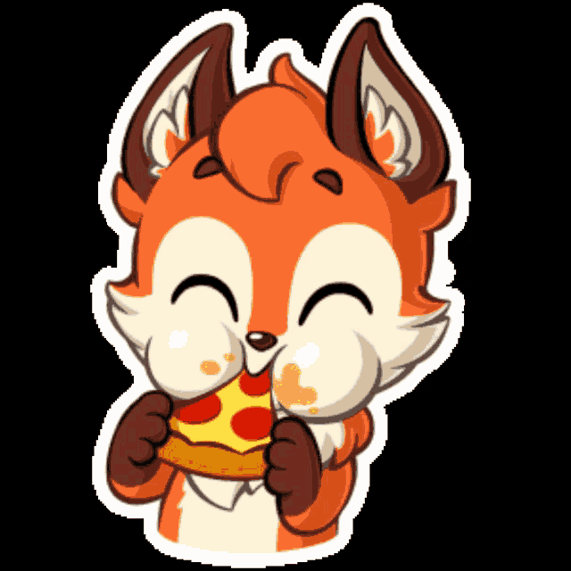 a cartoon fox is eating a slice of pizza