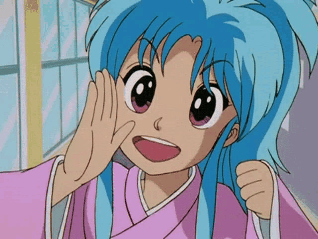 a cartoon character with blue hair and pink eyes is making a funny face