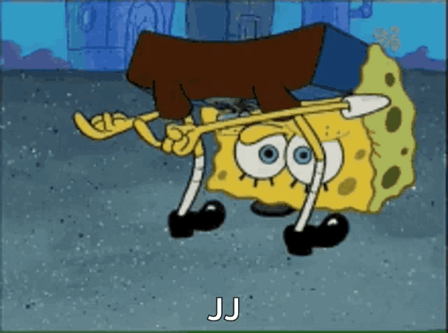 a cartoon of spongebob holding a stick with the letters jj written on the bottom