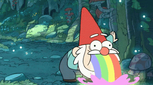 a cartoon gnome with a red hat and a rainbow in his mouth