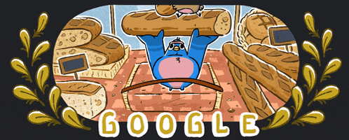 a cartoon of a bird lifting a loaf of bread with the google logo in the background