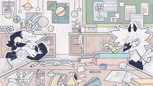 two cartoon characters are sitting at a messy desk with a can of cola in the foreground