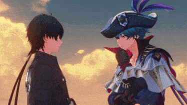 two anime characters are standing next to each other and one has a pirate hat on