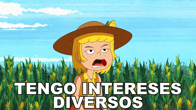 a cartoon girl in a field with the words tengo intereses diversos