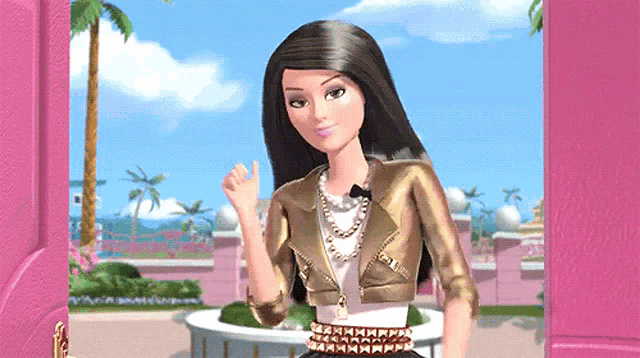 a barbie doll is standing in front of a pink door with a palm tree in the background