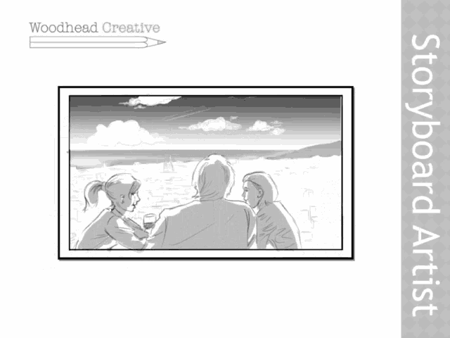 a drawing of three people on a beach with the words storyboard artist below