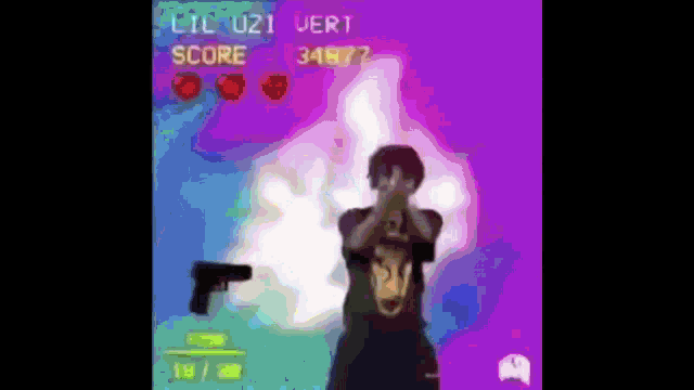 a man is holding a gun in a video game with a score of 34677 .