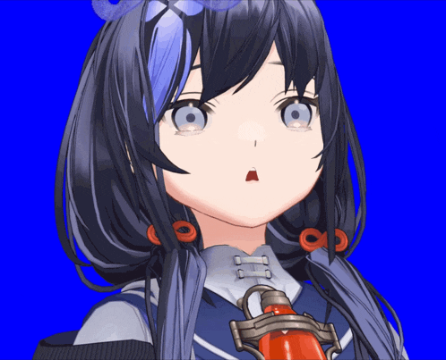 a close up of a girl 's face with a blue background