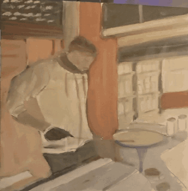 a painting of a man standing in front of a window in a kitchen