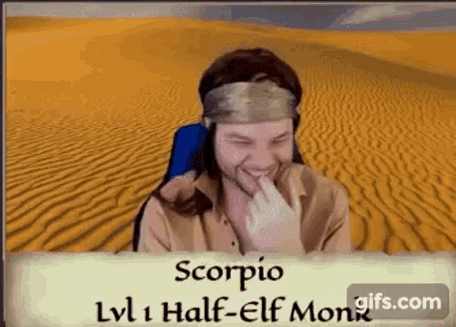 a scorpio half elf monk is laughing in front of a desert landscape
