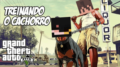 a poster for grand theft auto 5 shows a man holding a bat and a dog on a leash
