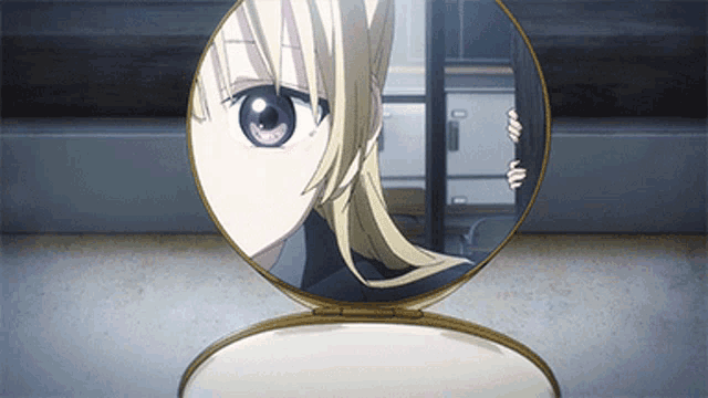 a girl with blonde hair and purple eyes is looking at herself in a mirror