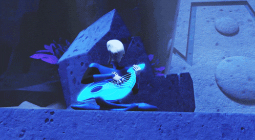 a cartoon character is playing a musical instrument in a dark room