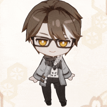 a cartoon character wearing glasses and a grey jacket