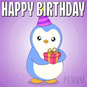 a penguin wearing a party hat is holding a gift box with the words happy birthday written above it