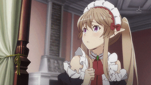 a girl in a maid outfit is looking out a window with a tbs logo in the background