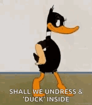 a cartoon duck is standing in a room wearing a black dress .