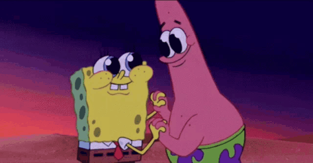 spongebob and patrick are holding hands in a cartoon scene