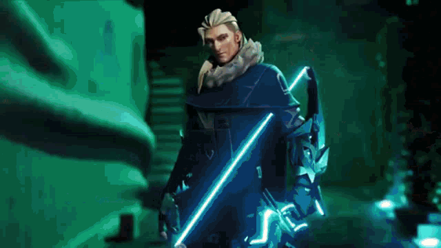 a man in a blue suit is holding a light saber in his hands .