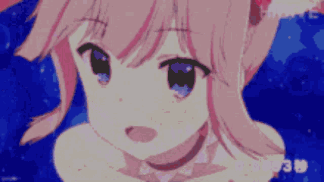 a girl with pink hair and blue eyes is looking at something