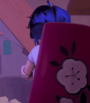 a girl with blue hair is sitting in a chair with her legs crossed
